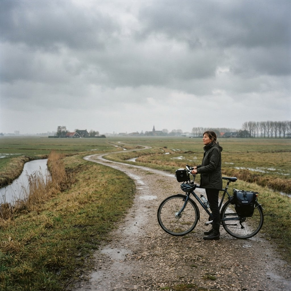 Iemand met een fiets op een landweg in het vlakke landschap