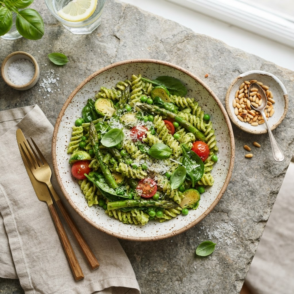 Pasta pesto met snijbonen